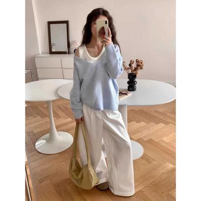 2024 Women's Elegant V-Neck Pullover Sweater & Korean-Style Vest Two-Piece Set for Autumn/Winter
