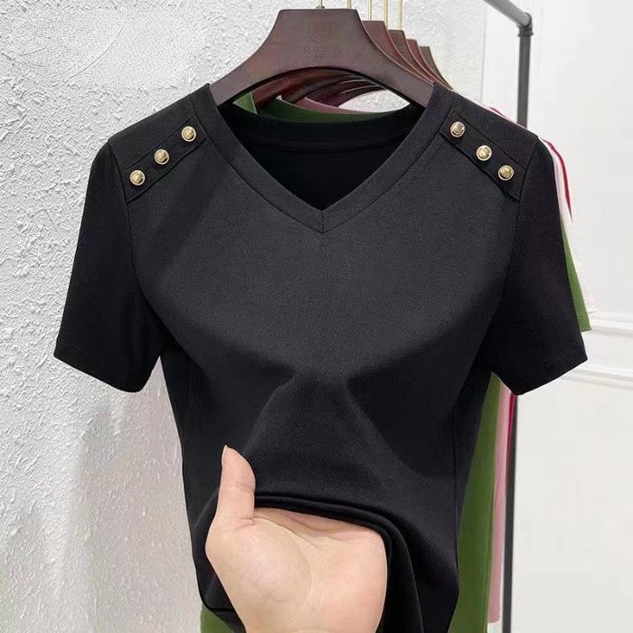 

Женская футболка свободного кроя белого цвета с V-образным вырезом — корейский стиль, короткие рукава, чистый хлопок, модная и универсальная для лета 2024 года. 3XL чёрный