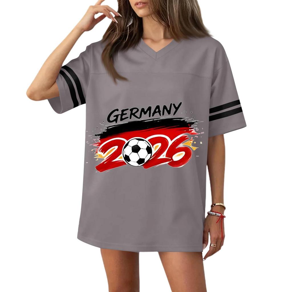 Women’s Casual V Neck Football Jersey Style Short Sleeve Top with Germany 2026 Soccer Flag Print Loose Fit Sports T Shirt