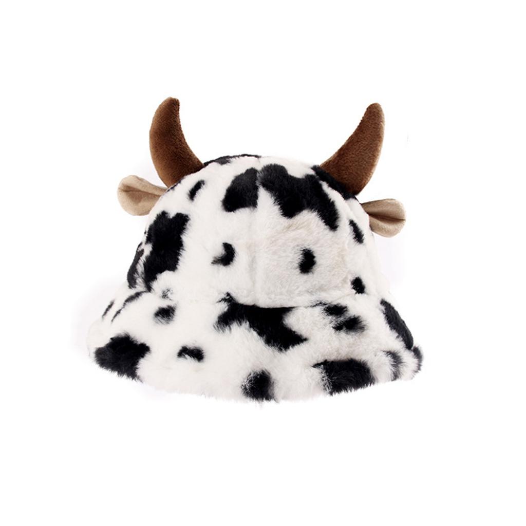 Women Retro Cow Print Plush Fisherman Hat Fluffy Bucket Hat Fall Winter Warm Hats