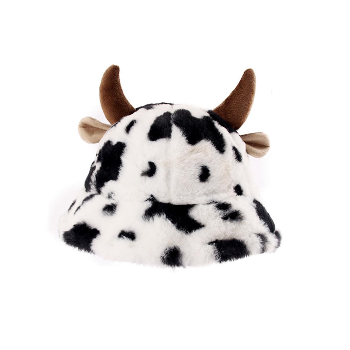 Women Retro Cow Print Plush Fisherman Hat Fluffy Bucket Hat Fall Winter Warm Hats чёрный