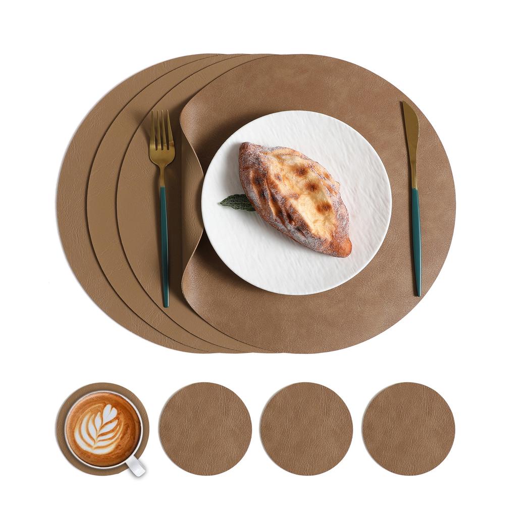 Popular cowhide pattern PU round leather placemat coaster waterproof and oil-proof can be wiped, easy to clean and high temperature resistant