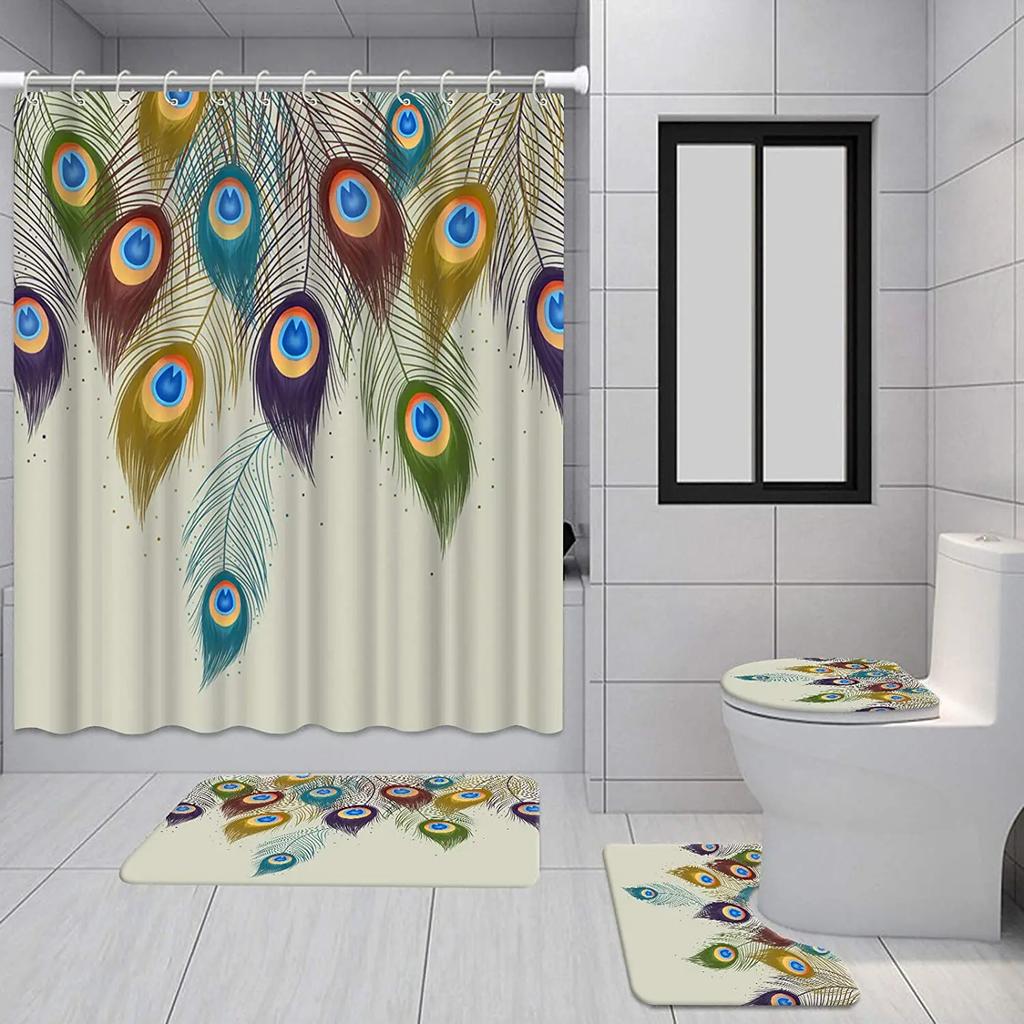 Watercolor Peacock Feather Shower Curtain Set With Rugs Toilet Lid Cover Carpet Bath Mat Bathroom Shower Curtains Set Home Decor