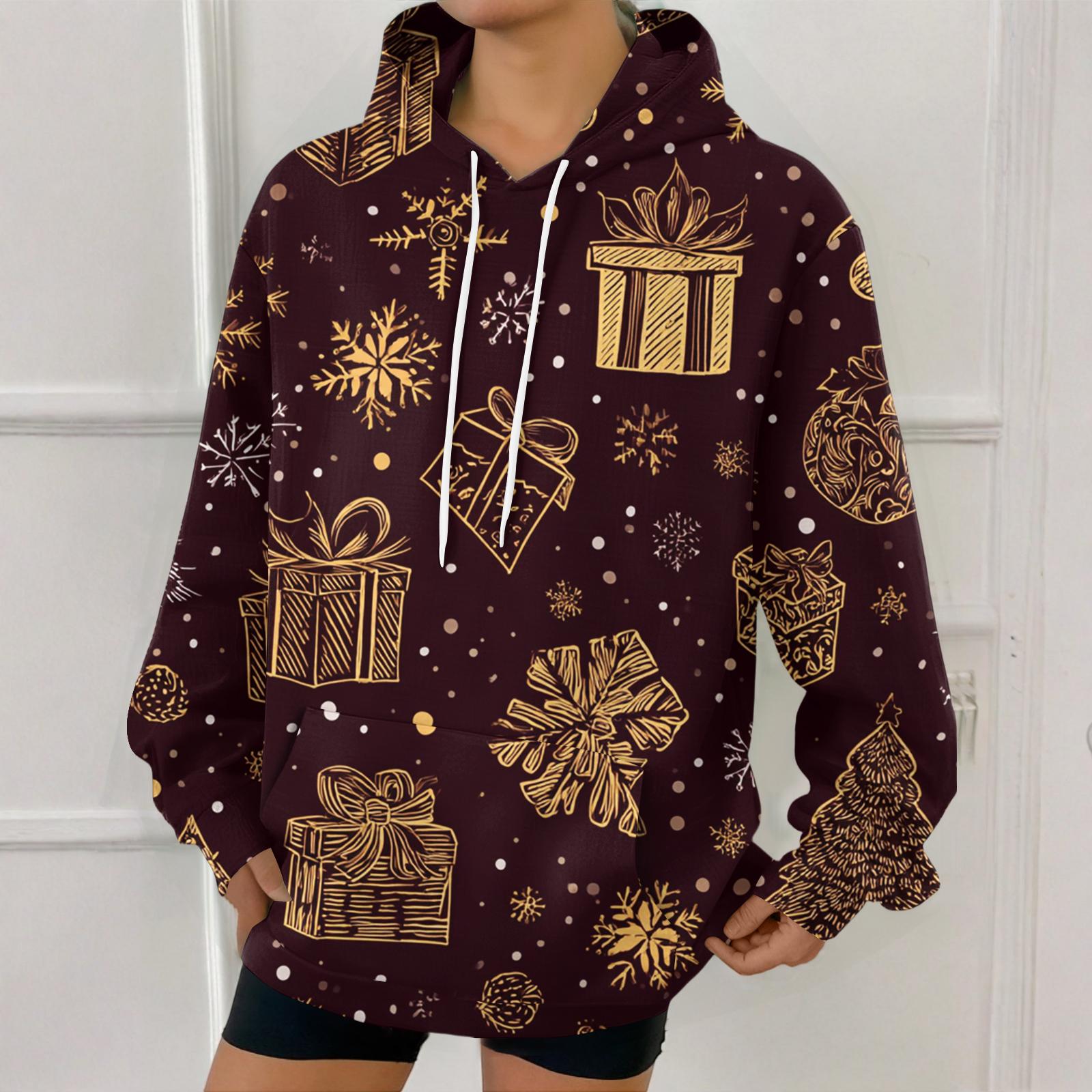 

Женская модная толстовка с рождественским принтом, повседневная толстовка с капюшоном и карманами XL винный