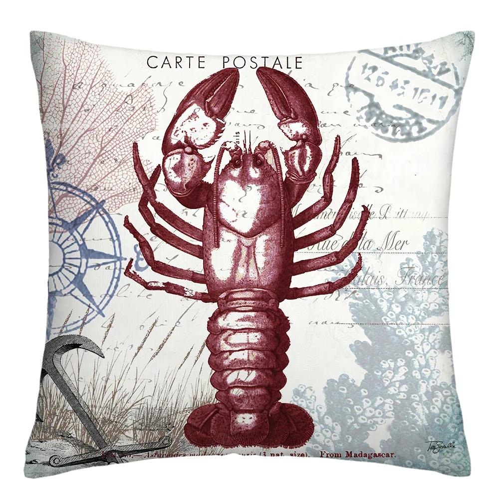 Blue Marine Organism Printed Pattern Polyester Cushion Cover for Home Living Room Sofa Decorative Pillowcase