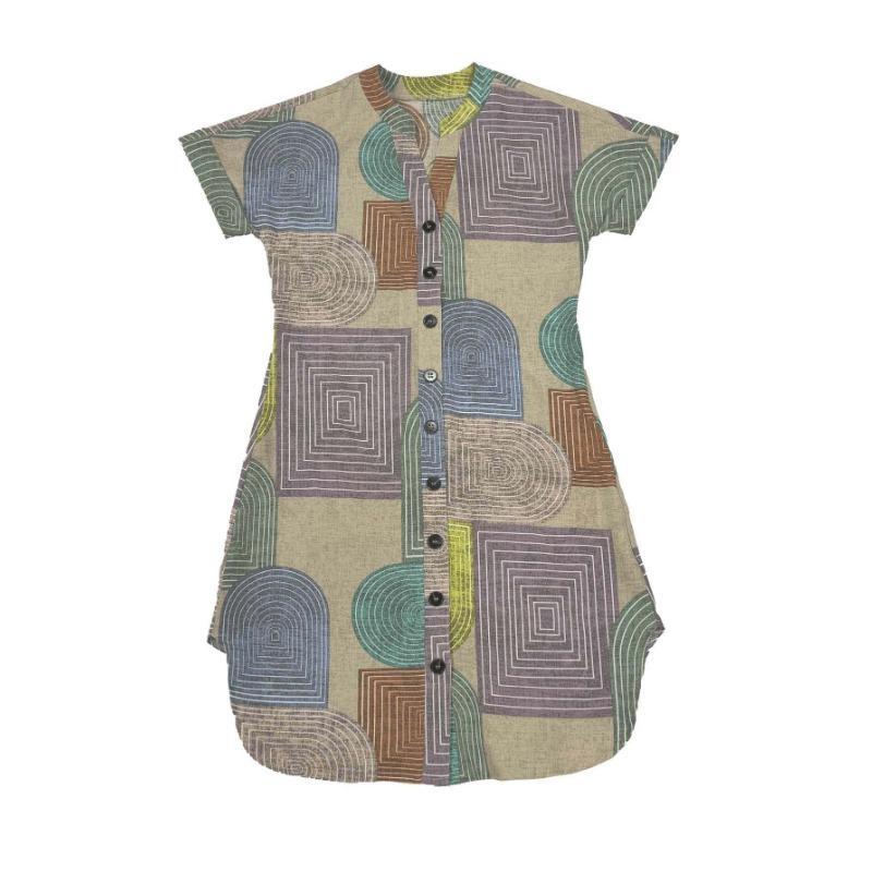 Damen Sommer Elegantes Geometrisches Muster V-Ausschnitt Kurzarm Midi-Kleid
