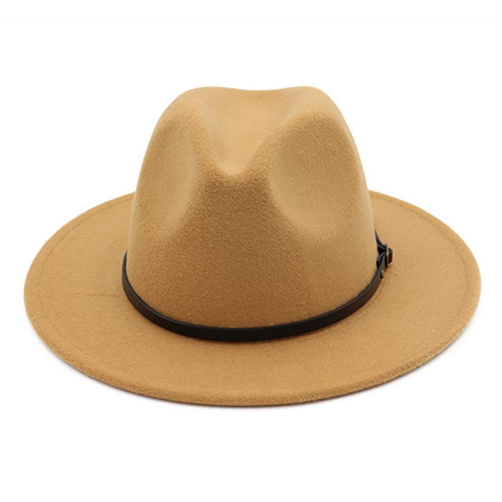 (Joy choose)Unisex Fashion Wide Wool Belt Flat Top Fedora Hat Party Church Hats Cap