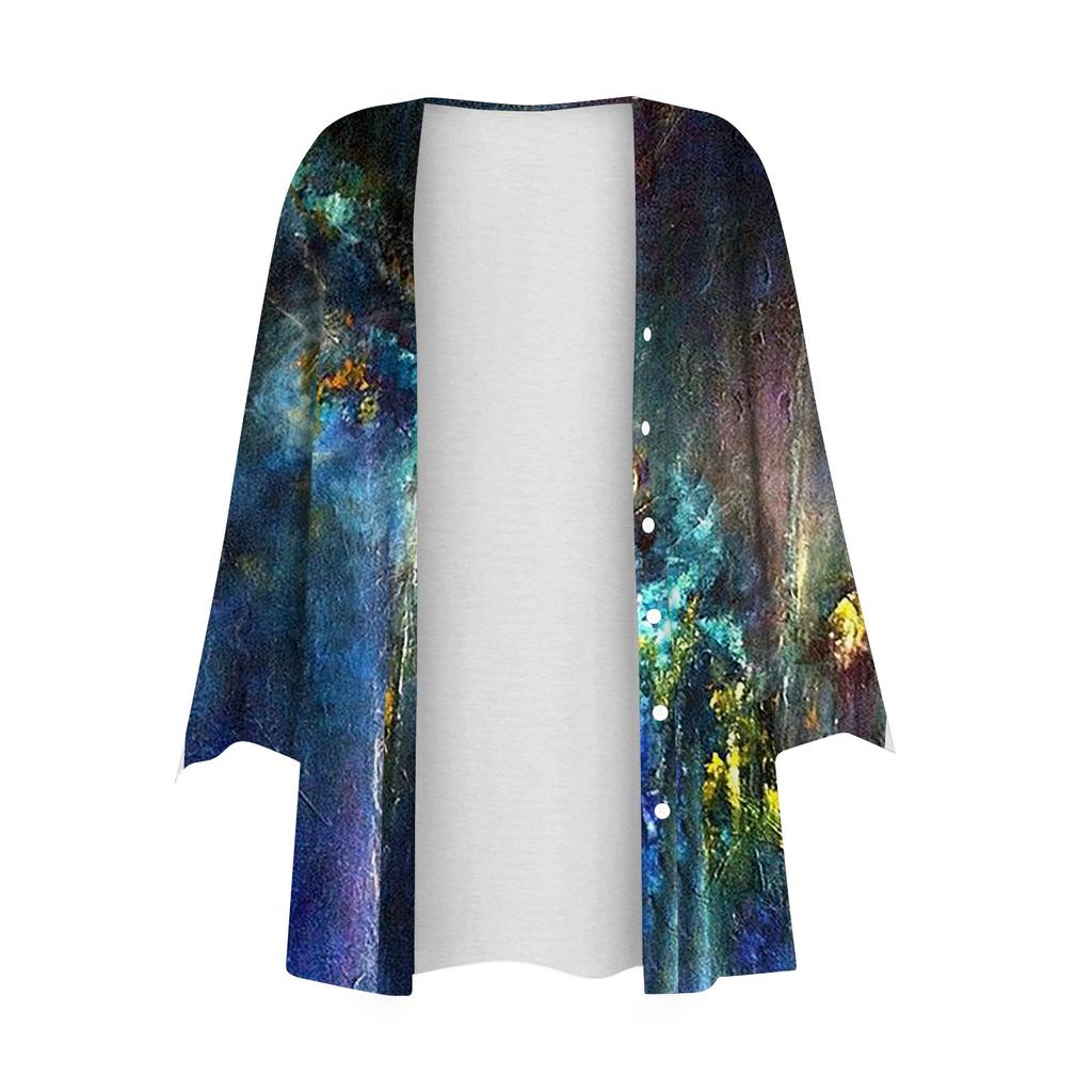 Dámská móda Volné Ležérní Tištěný Sedmidílný rukáv Halenka s knoflíkem a zapínáním Cardigan Top