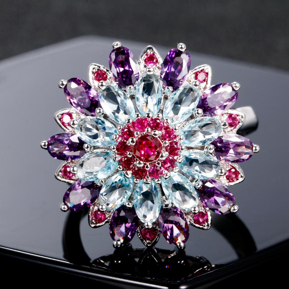 AIOSC New Design Multicolor Gemstone Flower Shape Wedding Rings, CopperColor Jewelry Ring for Women Jewelry Gifts