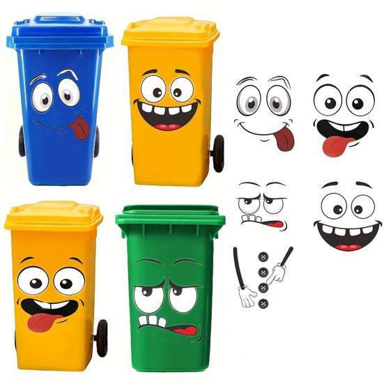 4 Pcs Funny Trash Can Sticker Cartoon Expressions Dustbin Decals Large Waterproof Vinyl Stickers for Trash Cans Bins Toilet Tank Lid Driveway Garden