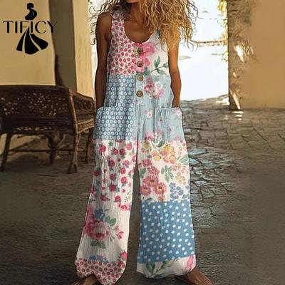 Moda Feminina Casual Verão Primavera Estampa Floral Sem Mangas Gola U Cintura Solta Macacões