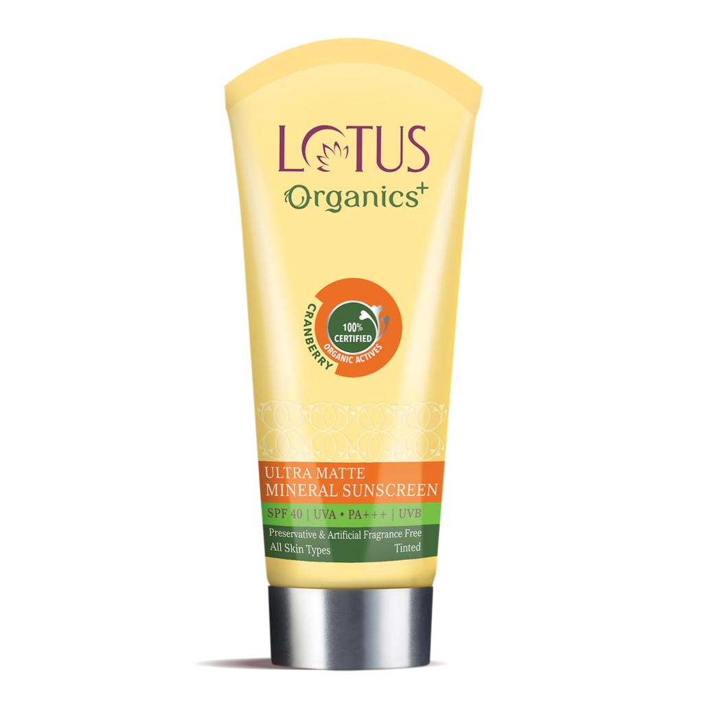 Lotus Organics+ Ultra Matte Mineral Sunscreen | SPF 40 PA+++ | 100% Certified Organic Cranberries | Water & Sweat Resistant | For Oily, Dry, Normal