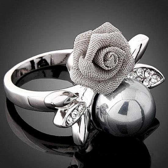 Women's Fashion Rose Faux Pearl Clear Crystal 9K Gold Plated Ring Party Jewelry