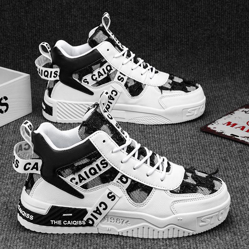 

2025 Мужские спортивные кроссовки хайтопы Модные клетчатые с кисточками На шнуровке Ковбойские туфли Парный стиль большие размеры 36-45 36 чёрный