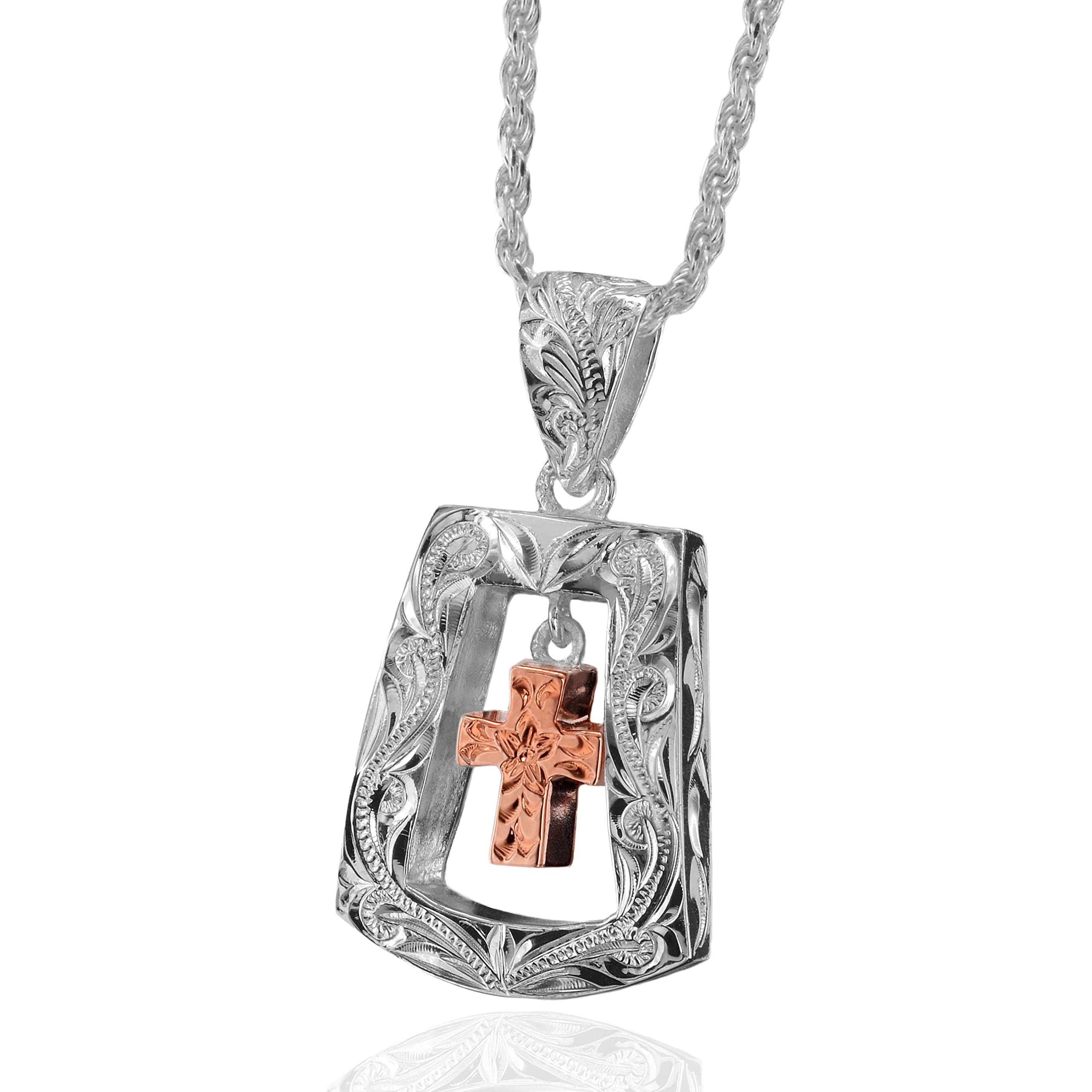 

Leilani Hawaiian Jewelry Cross Square Plate Plumeria & Scroll Engraving Pendant Necklace in Sterling Silver (45cm Rope Chain Included)