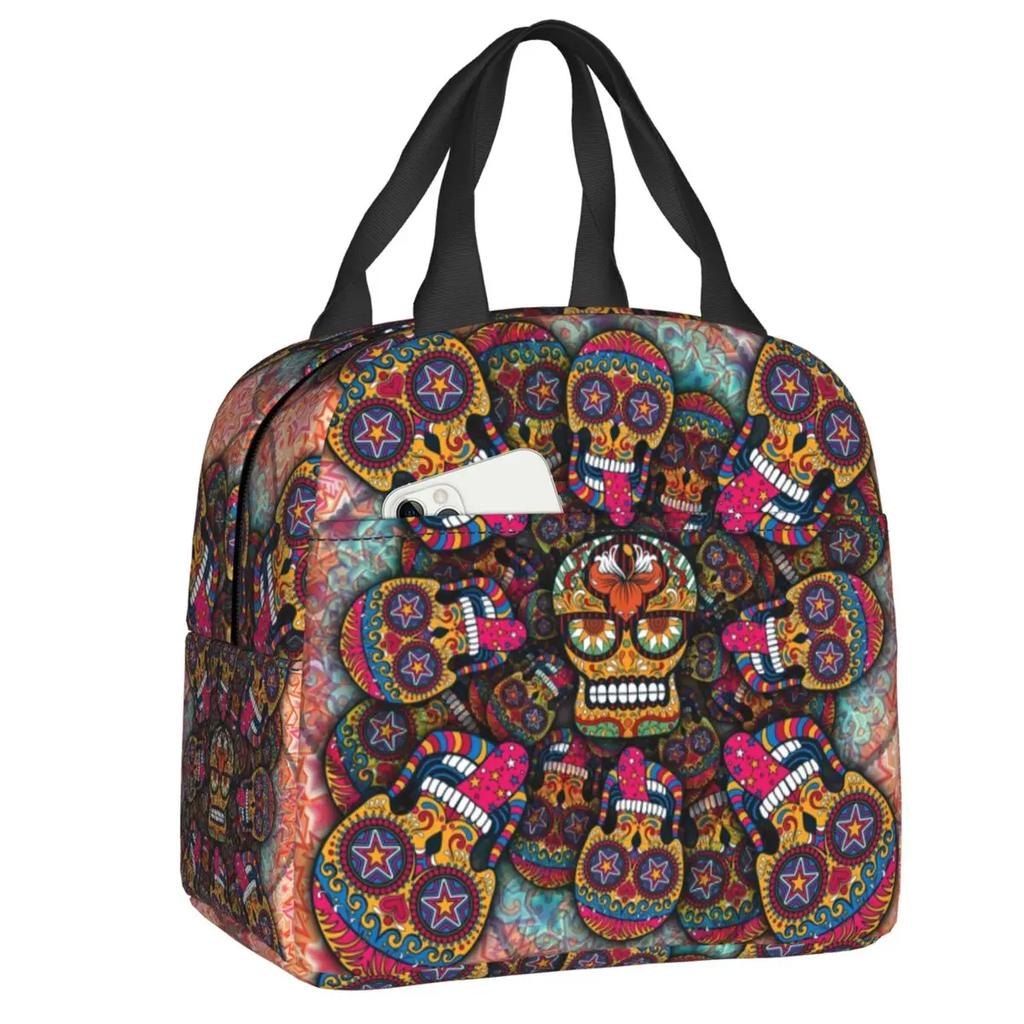 Mexican Sugar Skull Day Of The Dead Art Insulated Lunch Bags Women Resuable Thermal Cooler Food Lunch Box Outdoor Camping Travel