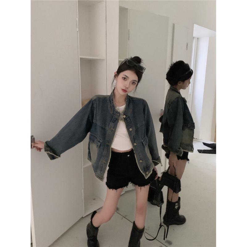 Autumn Retro Raw Edge Denim Jacket - Slimming, Loose Fit with Pockets