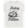 European Sizes Funny _Rolling Fatties Cat_ Vintage-Inspired T-Shirt for Men & Women - White with Black Text & Cat Design