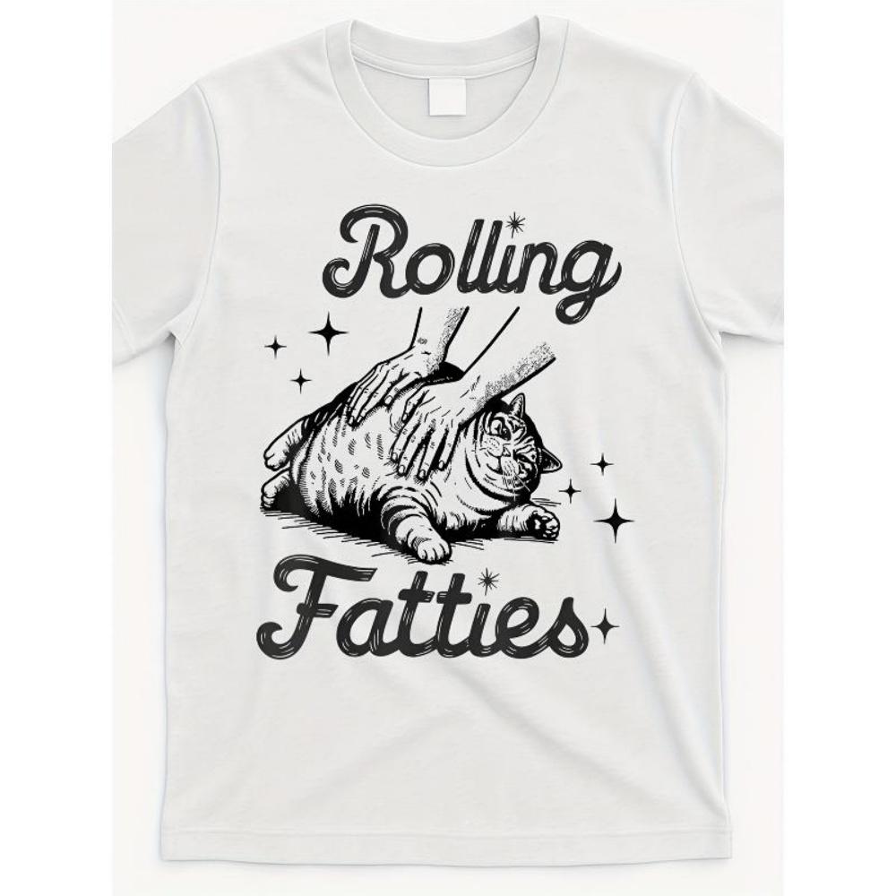 European Sizes Funny _Rolling Fatties Cat_ Vintage-Inspired T-Shirt for Men & Women - White with Black Text & Cat Design S чёрный