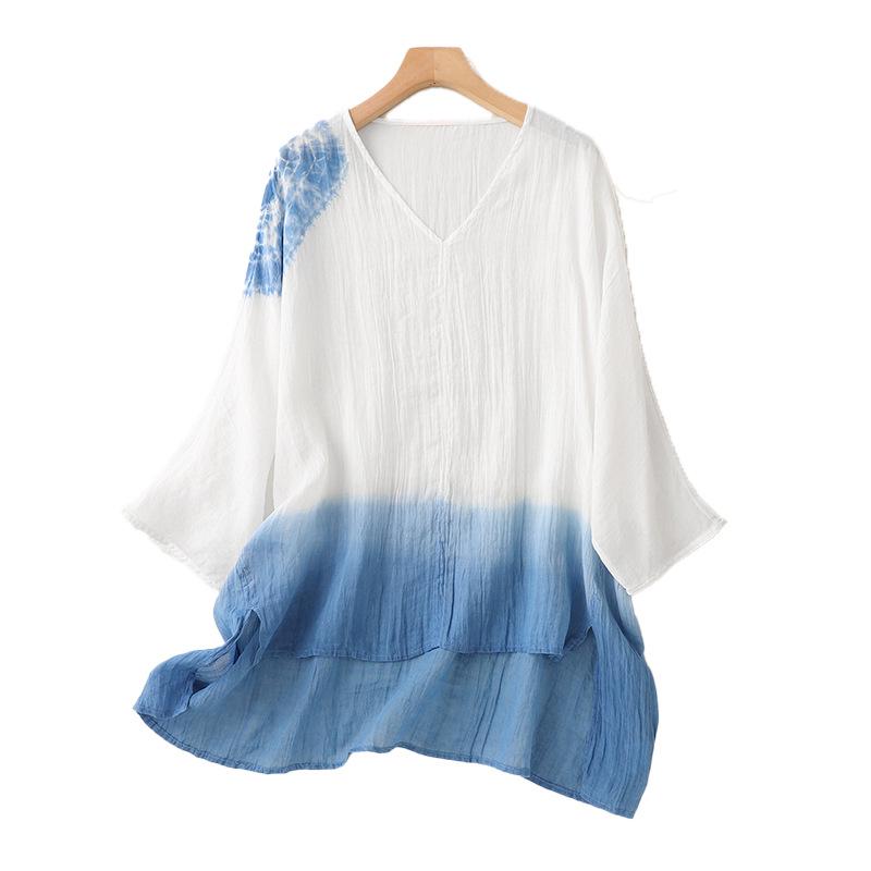 Women's Summer Retro Ink Splatter Batwing Sleeve Ramie Top