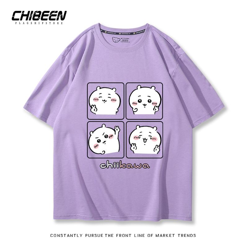Chiikawa Cute Four-cell Pattern T-shirt Summer High Quality 100% Cotton T-shirt Casual Comfortable Loose Men's T-shirt