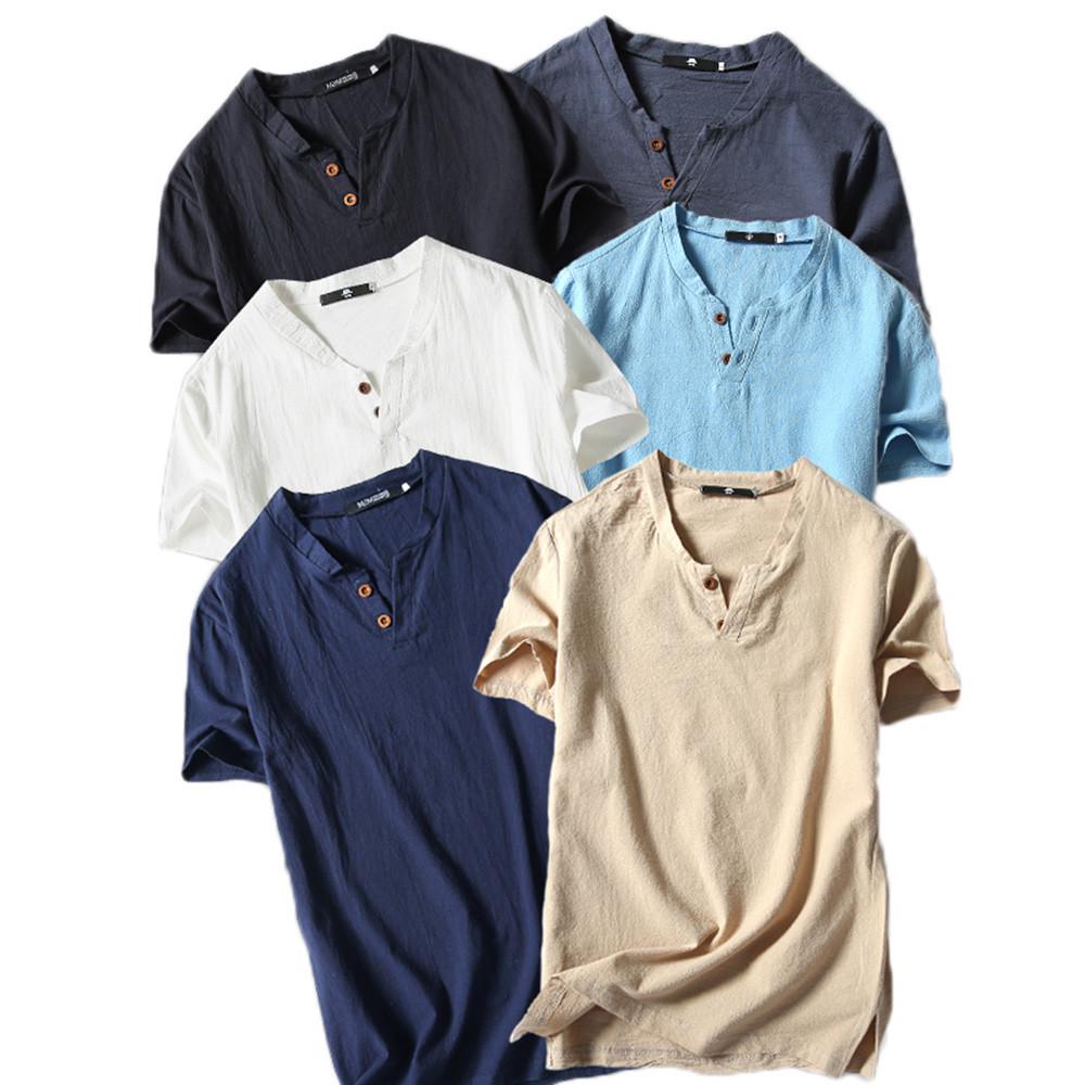 

Ramidos Мужская летняя повседневная футболка из льна и хлопка с короткими рукавами и v-образным вырезом, топ, блузка, футболка XL чёрный