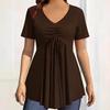 Europe & America Spring/Summer Pleated V-neck Casual Short-sleeve Solid Women's T-shirt
