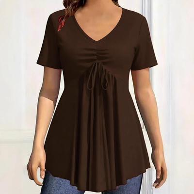 Camiseta casual de manga corta lisa para mujer con cuello en V plisado Primavera/Verano Europa y América