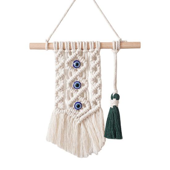 Bohemian Wall Tapestry, Blue Evil Eye Braided Tapestry, Knotted Cotton Rope Tapestry for Home Nursery Bedroom Living Room Wall Decor