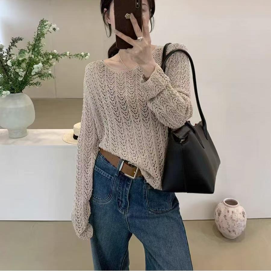 

Summer sexy perspective sunscreen top women s design sense thin versatile long-sleeved hollow knitted sweater women Average size 54-284 хакі