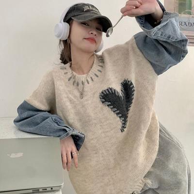 Love Spliced Denim Svetr Pulovr s dlouhým rukávem Ženy Podzim Volný Temperament Líný vítr Falešný dvoudílný svetr Dámský top