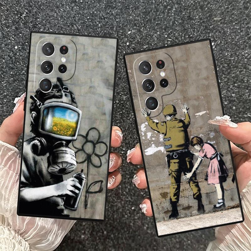 B-Banksy Art Graffiti Artist Soft Phone Case for Samsung Galaxy S26 S25 Edge S24 Ultra S23 Plus S22 S21 FE S20 Black Cover Back
