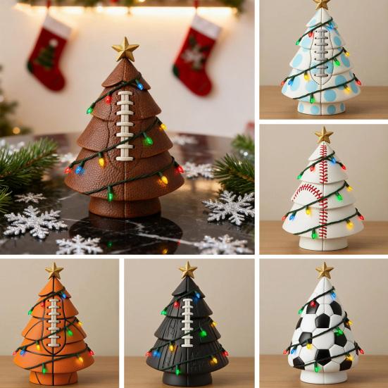 Ball Christmas Tree Ornament Fun Football Xmas Tree Decoration Basketball Tree with Golden Star Topper for Festive Holiday Decor
