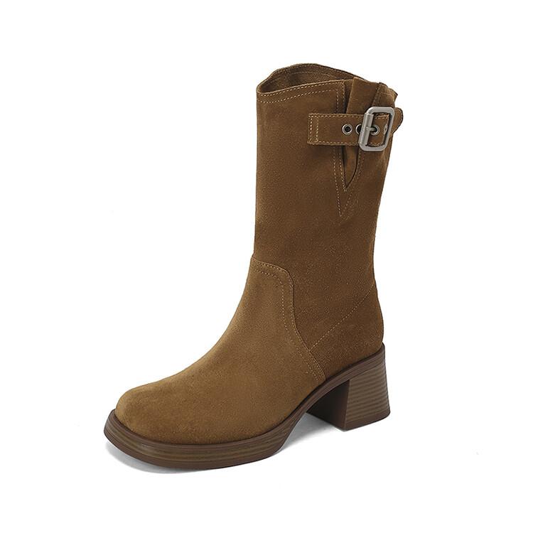 Fashion New Autumn Winter Cow Suede Women Boot Fashion Platform Boots for Women Chunky Heel Mid-calf Boots Ladies Shoes Western Boots