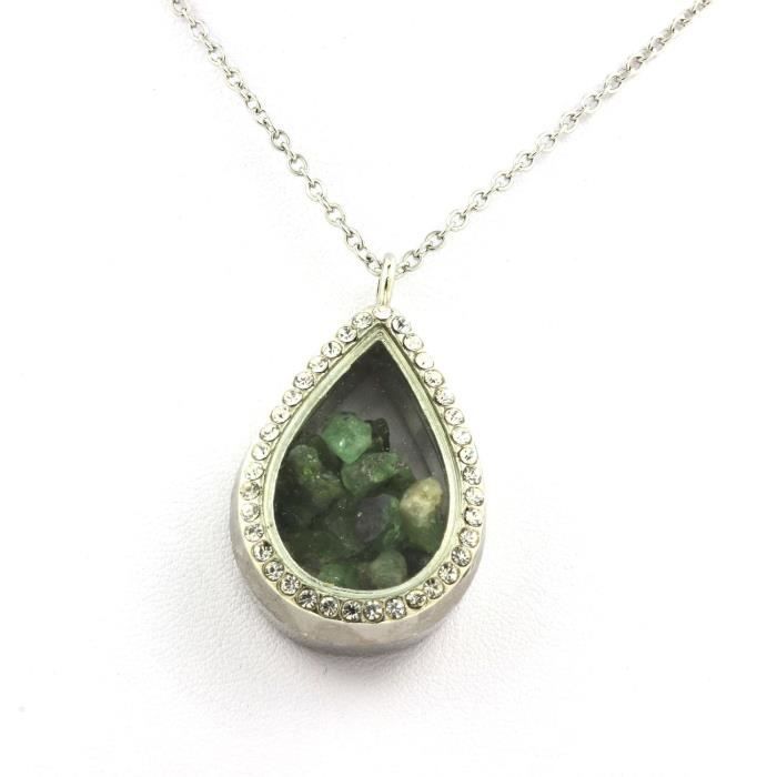 Collier - ABIJOUX - Grenat Tsavorite brut - Acier inoxydable - Modèle goutte - Mixte