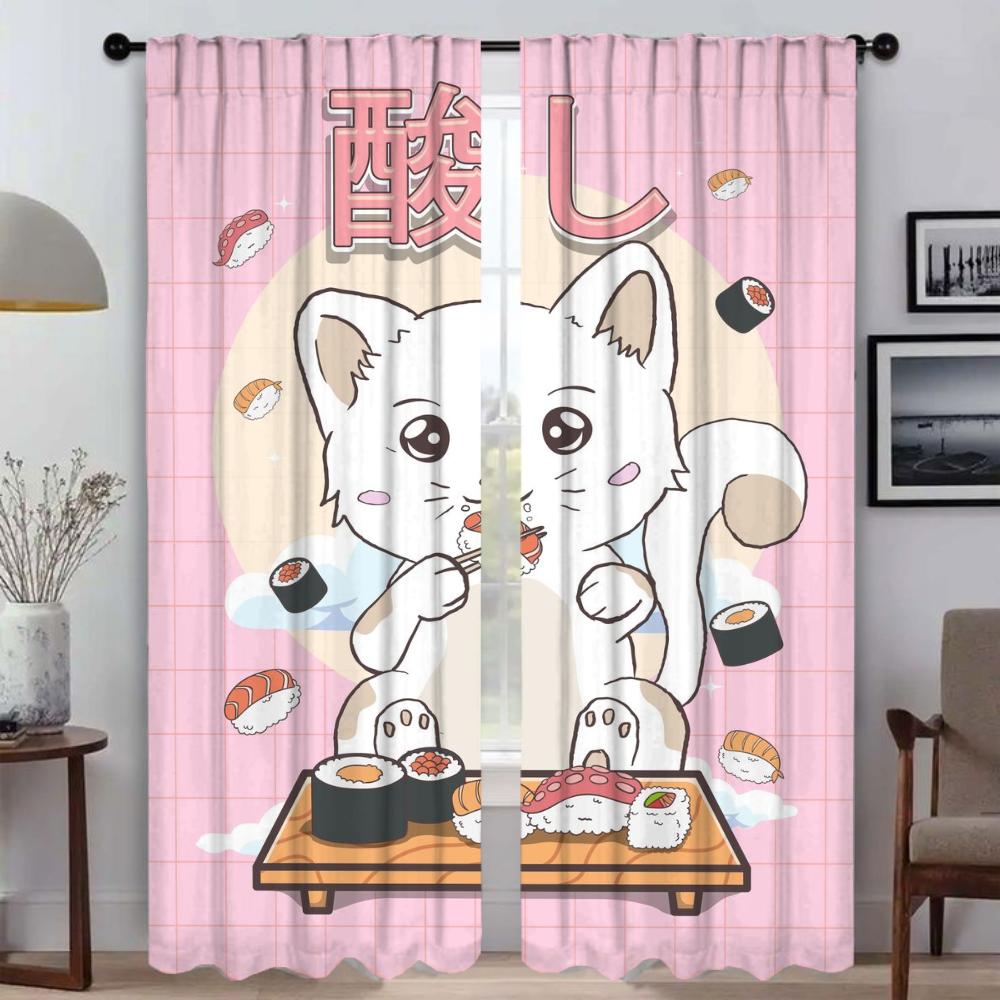 Sushi Cat Curtains for Bedroom Blackout Curtain for Room 2 Panel Shades Partition Halloween Decoration Home Interior Curtains