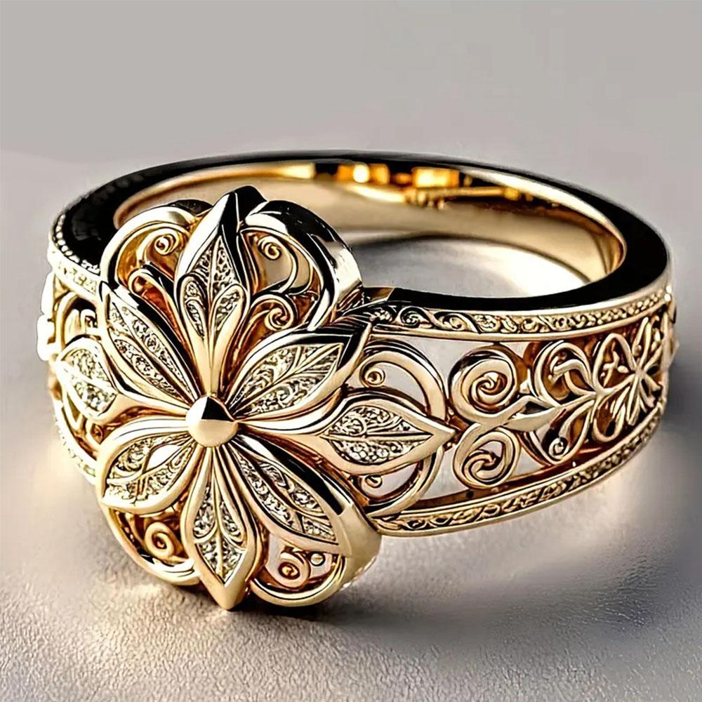 Damenring Goldfarben Blume Durchbruch Vintage Filigran Zirkonia Inlay Modeschmuck