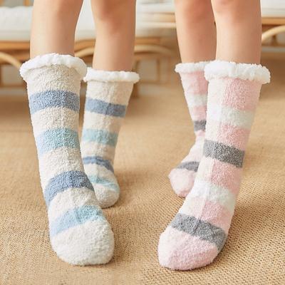 Winter Plüsch Frauen Boden Socken Warme Weiche Korallen Fleece Gestreiften Bequeme Nicht-Slip Thermische Weibliche Socken