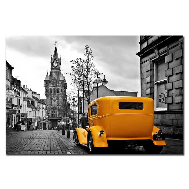 Čiernobiela nástenná maľba Cavnas Žltý plagát na auto Motobike Vintage obrazy na stenu v Londýne na dekoráciu obývacej izby Maison