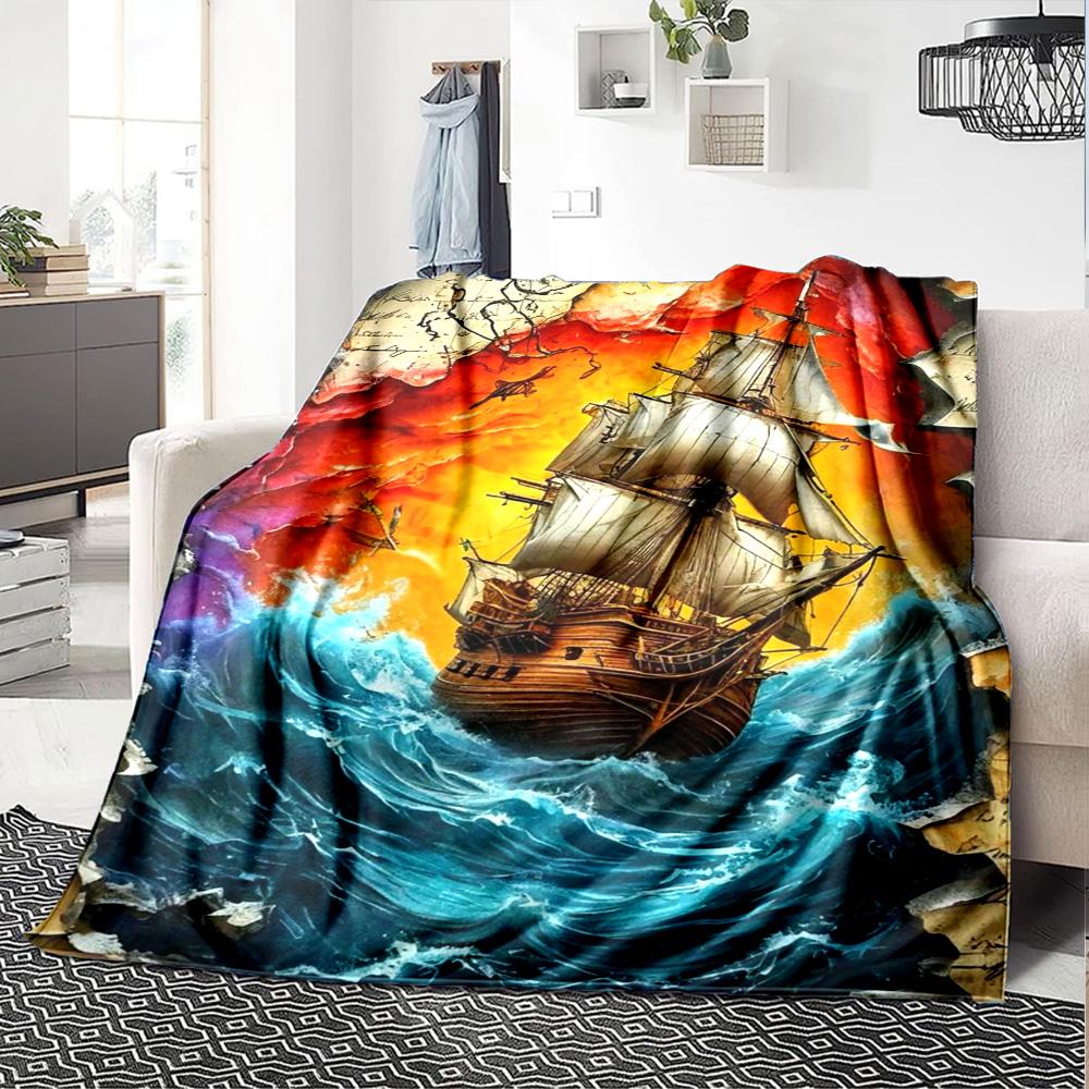 Pirate Ship Art Print Flannel Blanket High Quality Warm Comfortable Cover for All Seasons Perfect for Gifts Home Decor