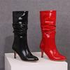 FOREADA damskie lakierowane botki do połowy łydki z okrągłym noskiem, cienkie, wysokie obcasy, plisowane, zwięzłe, damskie, modne buty zimowe, czarno-czerwone 43