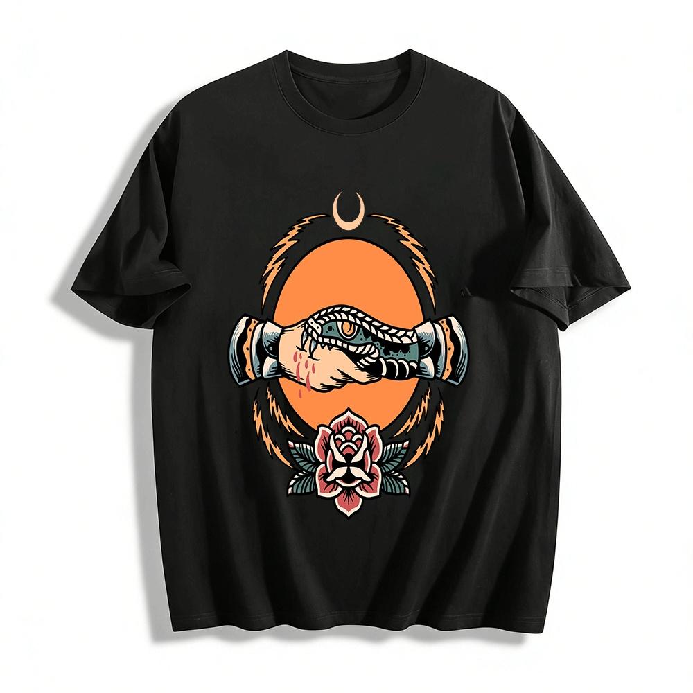 

Vintage Snake Handshake Rose Lightning Graphic Casual Tee Pure cotton T-shirt XXS