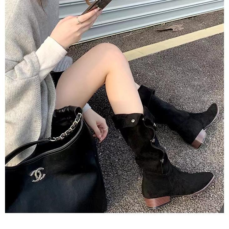 Cowhide~ Grape Mom same lapel pleated piled boots pointed mid-length western cowboy boots women's new autumn and winter models