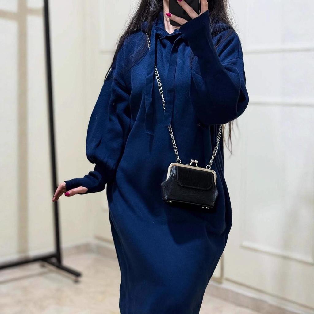 2025 Autumn Women's European & American Knit Sweater Dress with Elastic Lantern Sleeves and Hood