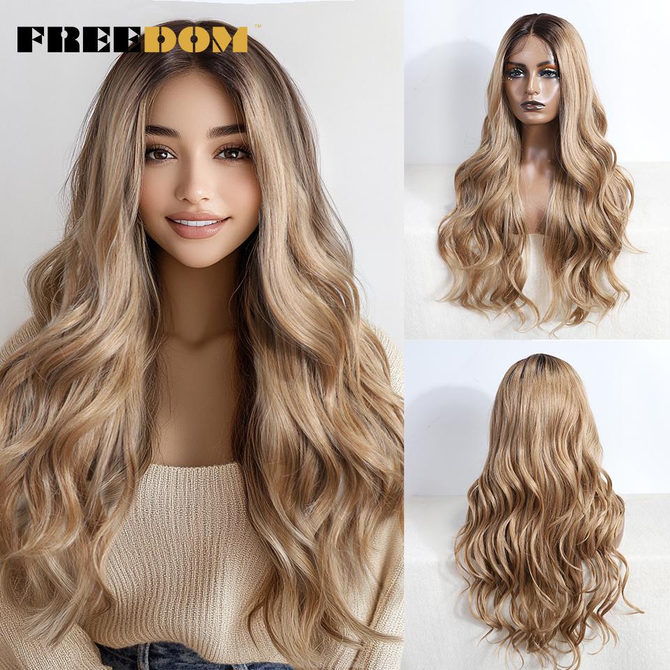 FREEDOM Synthetic Lace Front Wigs For Women 30 inch Long Body Wavy Ombre Blonde Highlight Ginger Lace Wigs Cosplay Wigs
