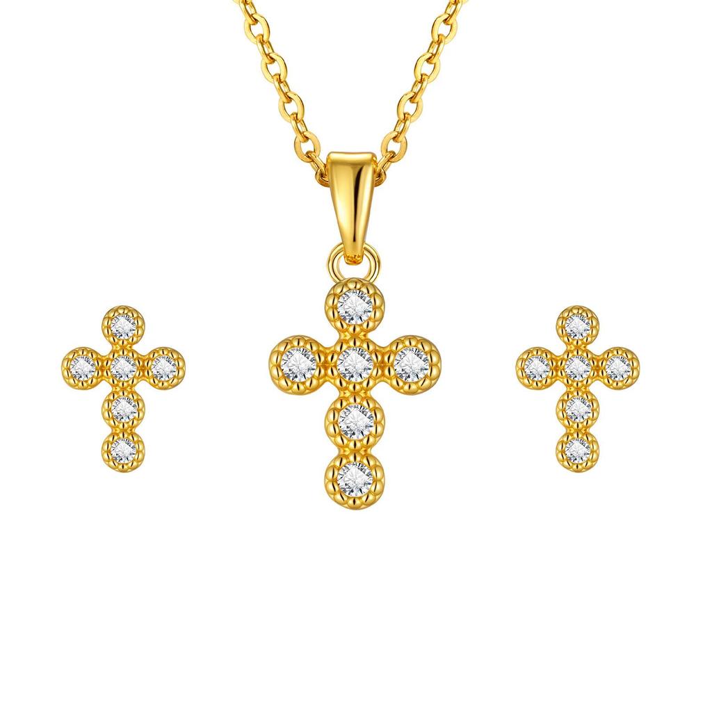 Women's Gold-Plated Cross Necklace & Zircon Stud Earrings Set in Copper