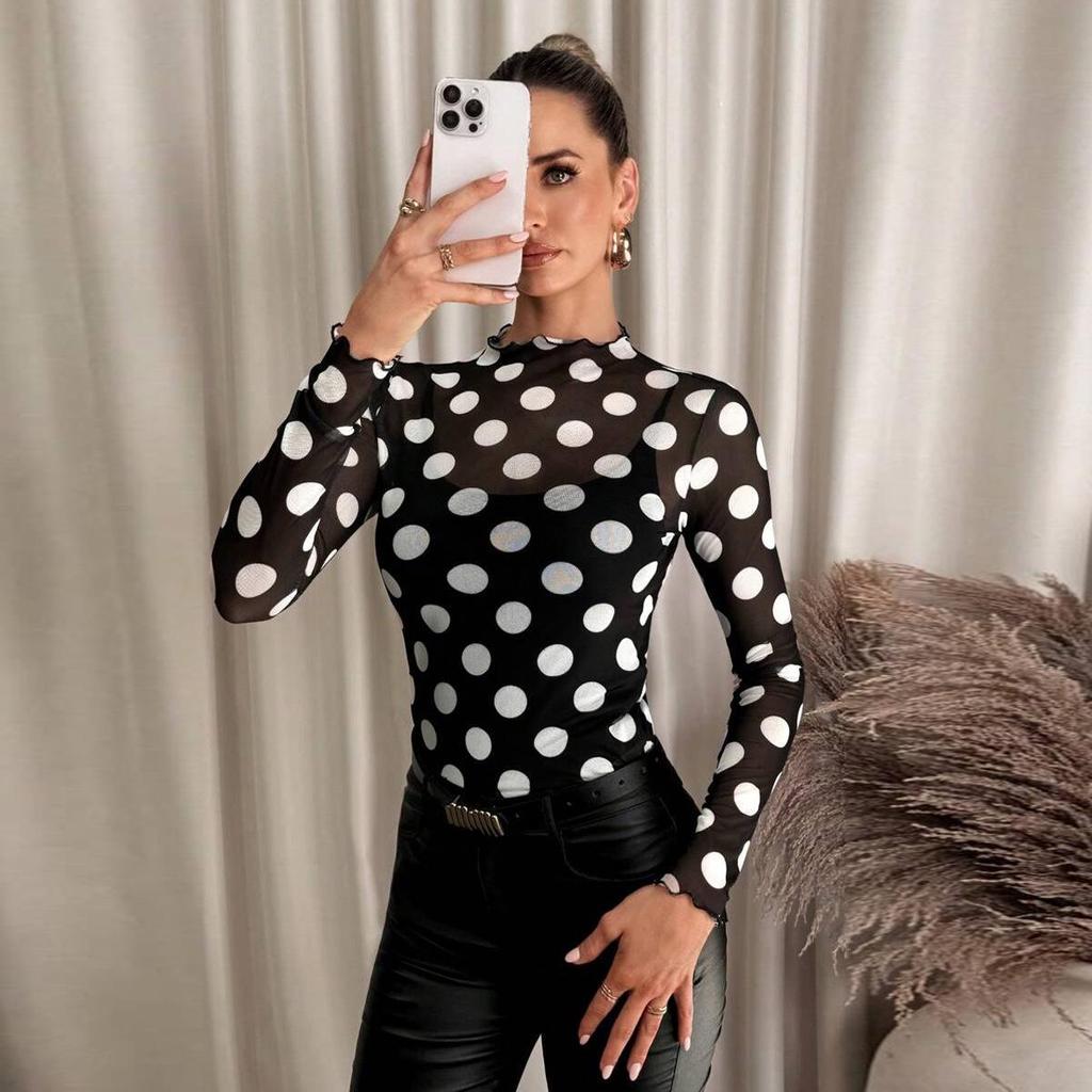 Nazada Spicy Girl Mesh Polka Dot Long Sleeve Top - Sexy See-through Half-High Neck for Early Autumn