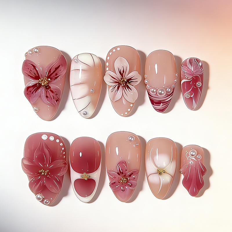 3D Flower Wearable Almond Style Nude Pink Gradient Pearl Rhinestone Manicure Set - 30 Piece Fake Nails