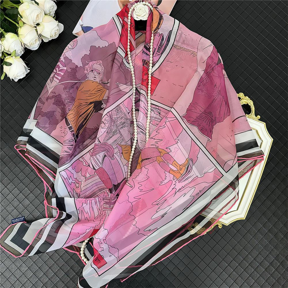 POBING Silk Cashmere Scarf Women Hand Rolled Shawls Fashion Printed Square Scarves Wraps Lady Bandana Big Hijabs Female Foulards