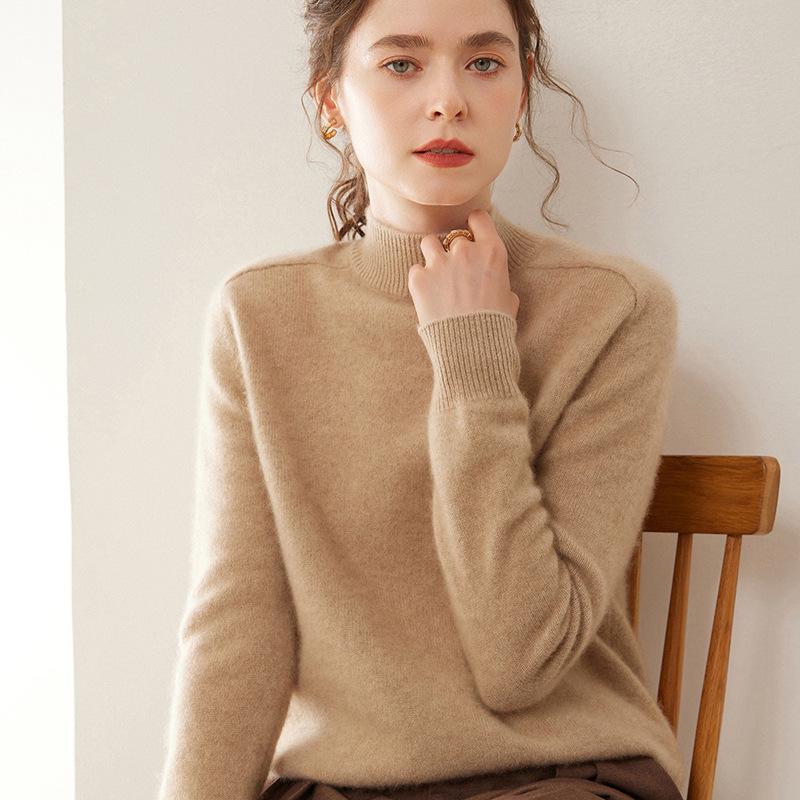 Women's Cashmere Winter Sweater - Half High Neck, Thick Knit, Saddle Shoulder, Loose Fit Pullover.